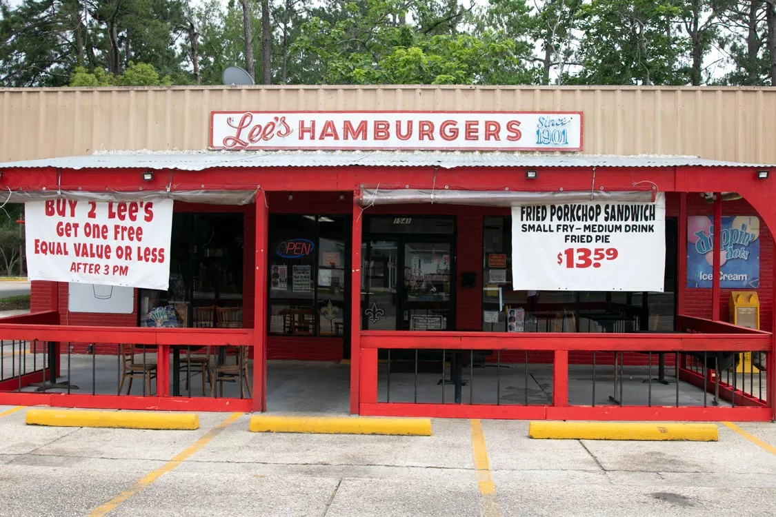 Front of the Lee's Hamburgers building in Slidell, Louisiana